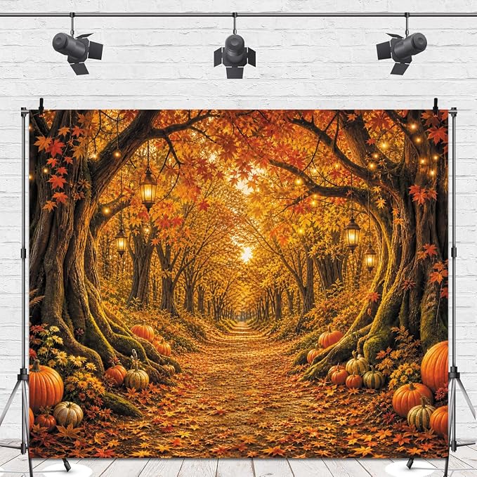 Fall Forest Photo Backdrop 8x8ft Autumn Garden Backdrop for Photography Fall Pumpkin Maple Wonderland Floral Background for Photoshoot Thanksgiving Birthday Photo Booth Props Vinyl - Image 4