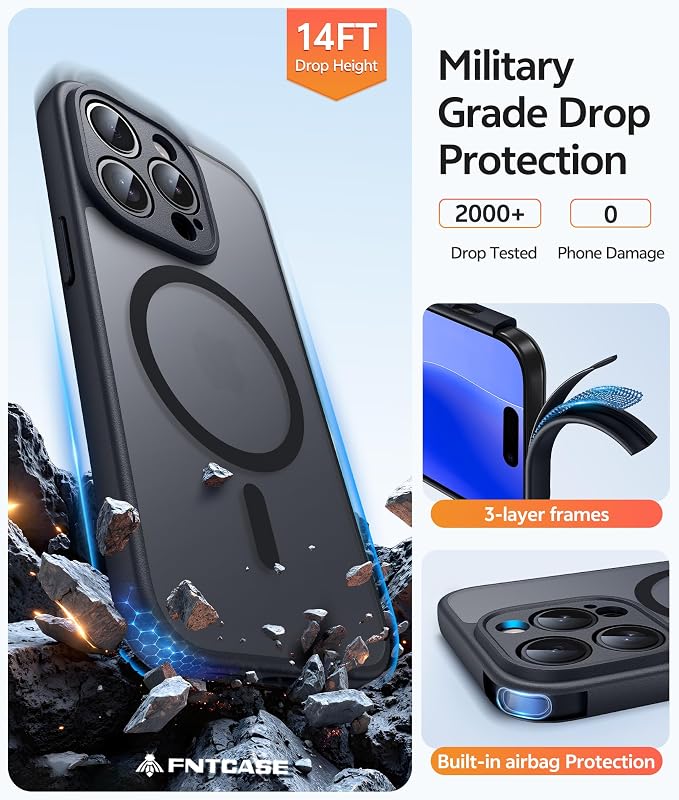 FNTCASE for iPhone 14 Pro Max Case, Fit for Magsafe, Glass Screen Protector | Full Camera Protection, Translucent Matte, 14FT Military Grade Drop Proof, Shockproof Protective Phone Cover, Black - Image 5