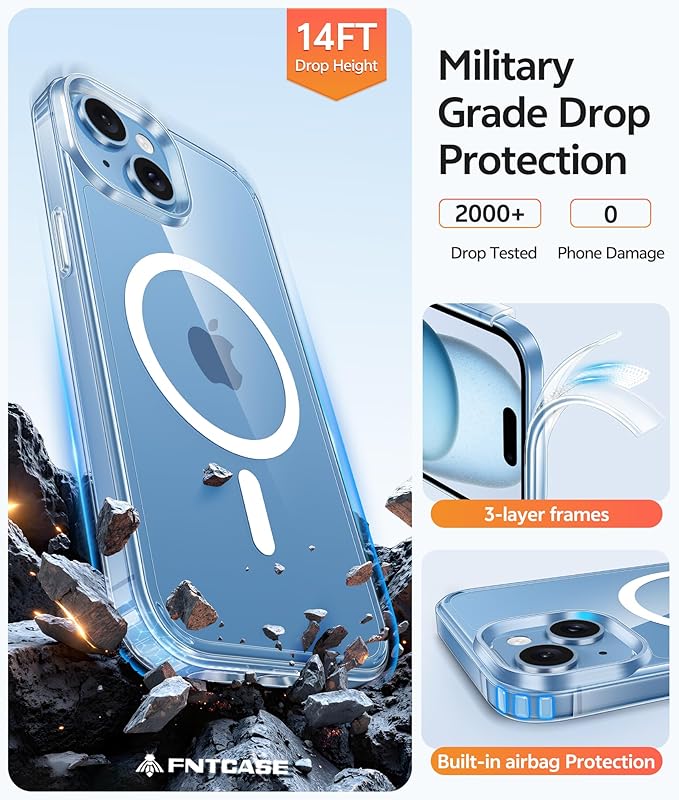 FNTCASE for iPhone 15/14/13 Case, Fit for Magsafe, Glass Screen Protector | Anti Yellowing, Magnetic Phone Cases, 14FT Military Grade Drop Protection, Slim Shockproof Protective Cover, Clear - Image 5