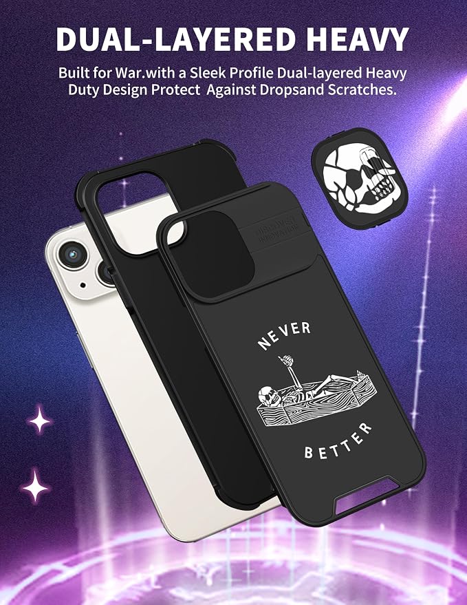 (2in1 for iPhone 15 Case Skull Skeleton Women Boys Goth Phone Cover Cute Fun Gothic Black Spooky Cool Unique Design with Slide Camera Cover Protective Stand Holder for iPhone 15 Cases 6.1'' - Image 5