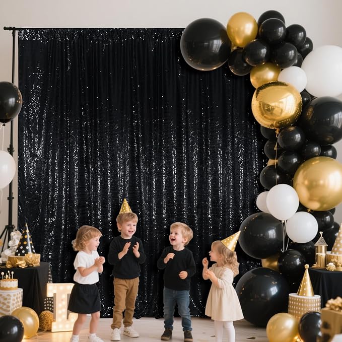 SquarePie 8x8ft Black Sequin Backdrop, High Density Non-Transparent Glitter Curtain for Photography, Birthday, Wedding Party Decorations, Thick Solid Background with 4" Rod Pocket, 1 Panel - Image 5