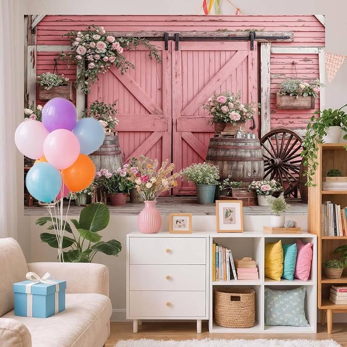 10x8ft Country Wedding Pink Photography Backdrop Rustic Wooden Door Photography Backdrop Farmhouse Flower Western Girl Birthday Baby Shower Wedding Bridal Party Banner Photo Booth Props Background - Image 3