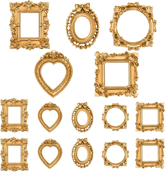 Vicenpal 15 Pcs Gold Mini Vintage Picture Frames Bulk | Small Vintage Photo Frames, Antique, Resin, Baroque, Ornate, Cute Wallet Size, for DIY Jewelry Gifts Christmas Wedding Decor by Vicenpal