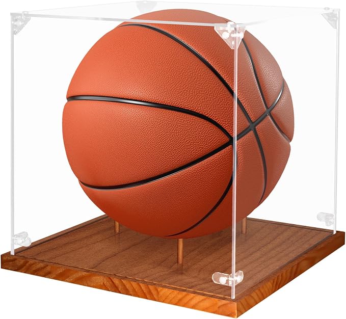 Clear Acrylic Basketball Display Case with Wood Base & Tee, Memorabilia Stand Cube Holder, Dust Protection Transparent Storage Box for Single Ball Souvenir Basketball Collections by Hxezoc