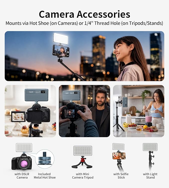 Zecti 135 LED RGB Selfie Phone Light with Metal Hotshoe & Clip | CRI 96+ 2500K-9900K 21 Effects RGB Video Light, 12W 4000mAh Camera Light for iPhones, iPad, Laptop, for Makeup, TikTok, Vlog - Image 6