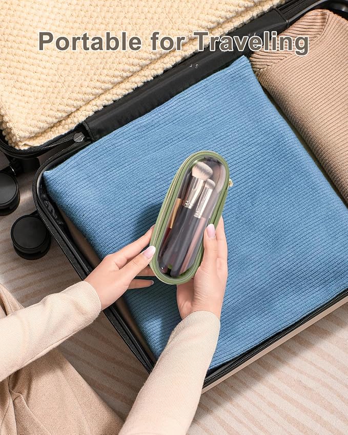 Soimeat Clear Travel Makeup Brush Holder, Leather Makeup Brush Toiletry Bag, Portable Cosmetic Brush Case, Transparent Waterproof Makeup Brush Storage Bag, Green - Image 6
