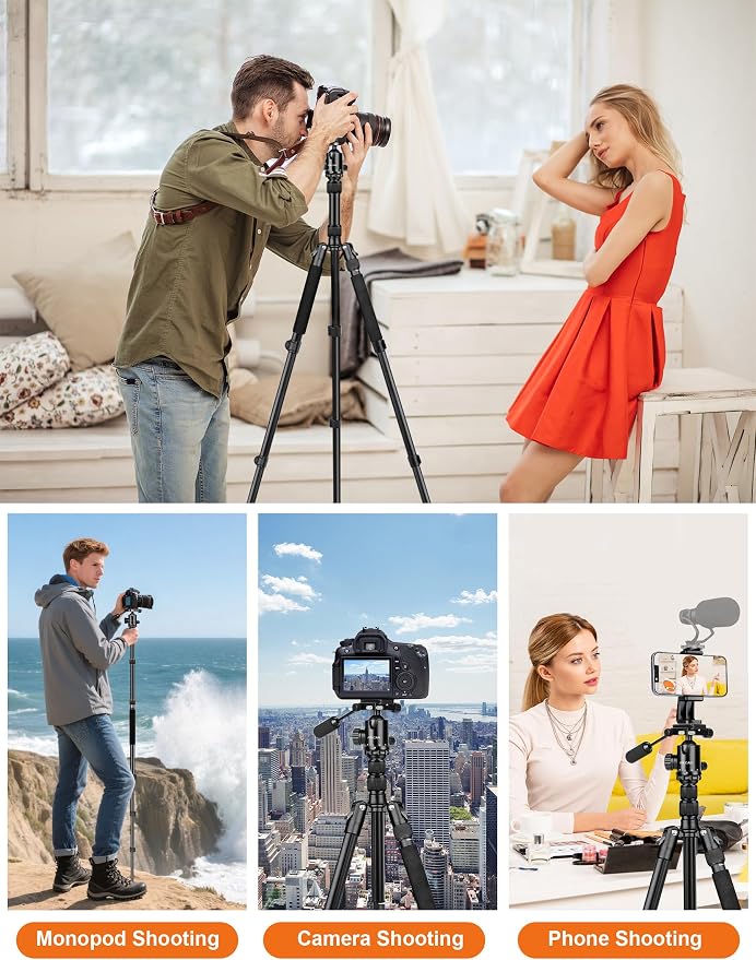 83" Camera Tripod, Aluminum Tripod Monopod for DSLR Phone | Heavy Duty Travel Tripod for Spotting Scope Binoculars Telescope Camcorder, 360° Ball Head, Max Load 35lb - Image 7