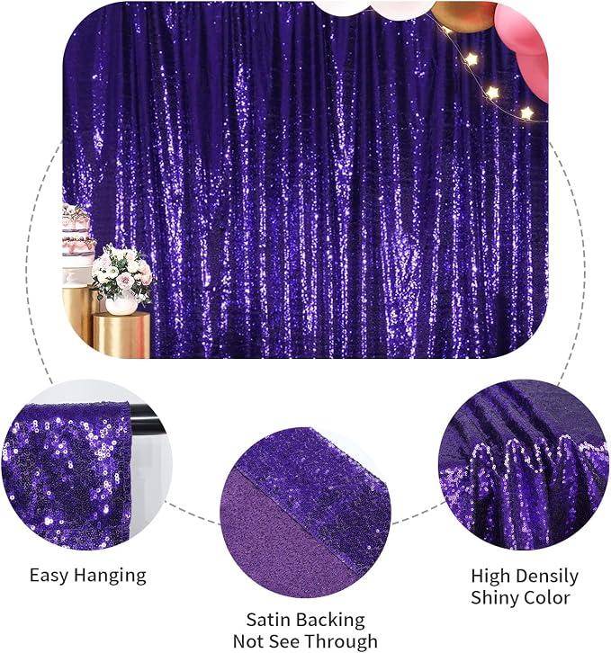 SquarePie 6x6ft Purple Sequin Backdrop, High Density Non-Transparent Glitter Curtain for Photography, Birthday, Wedding Party Decorations, Thick Solid Background with 4" Rod Pocket, 1 Panel - Image 9