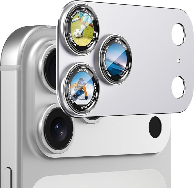 CACOE Metal Camera Lens Protector for iPhone 17 Pro Max | Tempered Glass Cover, Anti-Scratch, Drop-Proof, Strong Adhesion, Camera Screen Cover Accessories, Silver by CACOE