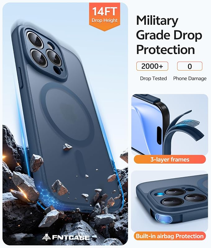 FNTCASE for iPhone 15 Pro Max Case, Fit for Magsafe, Glass Screen Protector | Full Camera Protection, Translucent Matte, 14FT Military Grade Drop Proof, Shockproof Protective Phone Cover, Blue - Image 5