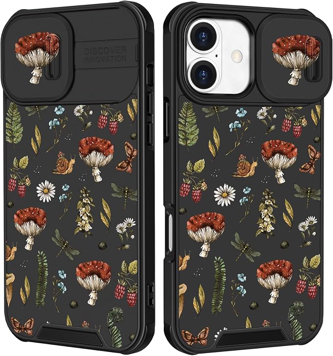for iPhone 16 Plus Case - Women Cute Phone Cover Girly Pretty Fancy Unique Aesthetic Design Slide Camera Cover Protective Case for Apple for iPhone 16 Plus,Mushroom Floral by Goocrux