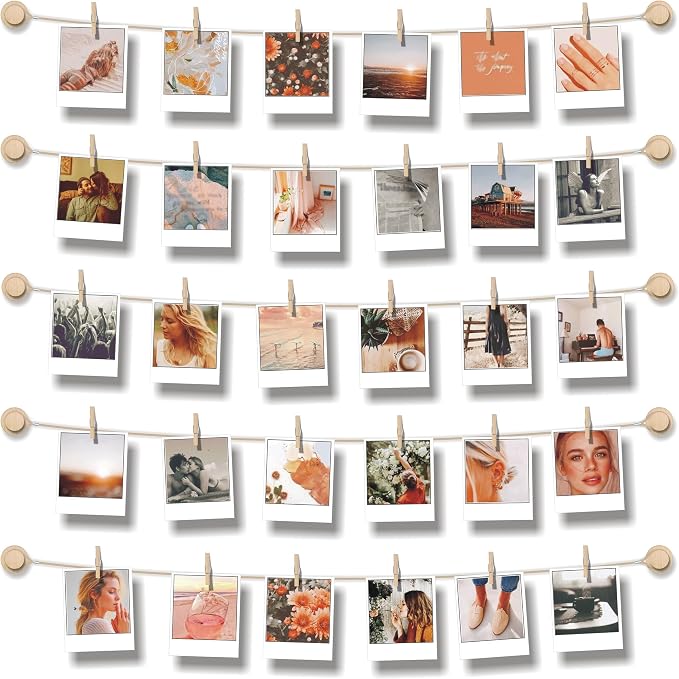Hanging Photo Display Room Wall Decor - Sculptural Picture Frames Collage - 5 Strings with 30 Clips - 3M Self Adhesive Hooks - No Holes Drilling - 30 x 30 inch by MATJAZBIZJAK