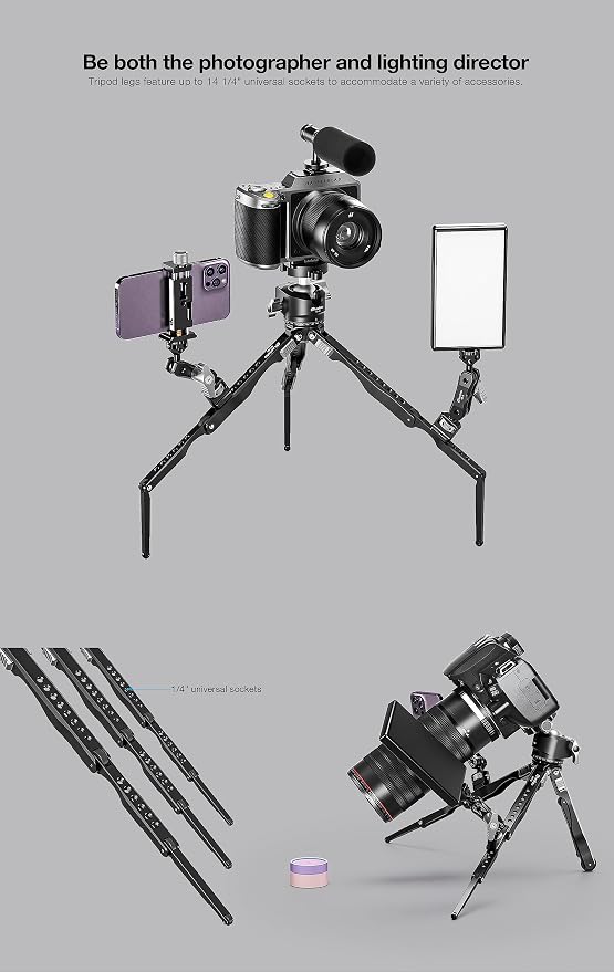 Leofoto MT-04 Tabletop Tripod, Aluminum Mini Tripod, 3 Leg Sections, Foldable Leg, Portable and Compact, 1/4" Accessories Thread, 3/8" Mounting Stud (MT-04) - Image 3