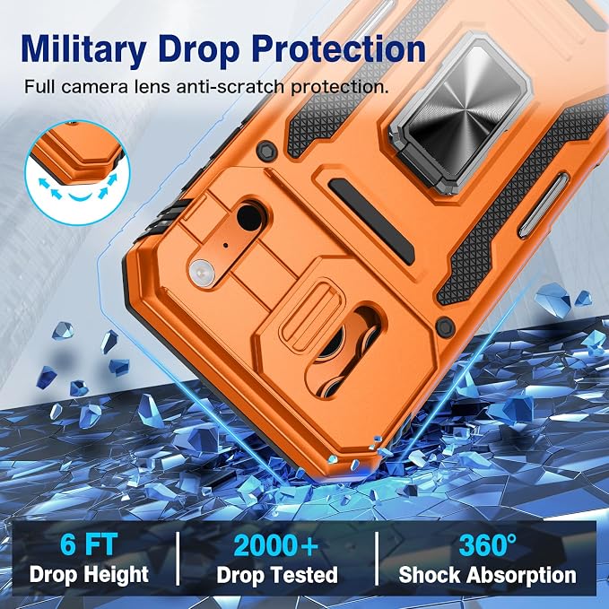 VEGO for iPhone 17 Pro Max Case with Slide Camera Cover and Kickstand | Privacy Tempered Glass Screen Protector & Ring Kickstand Military Grade Protection Cover for iPhone 17 ProMax - Orange - Image 6