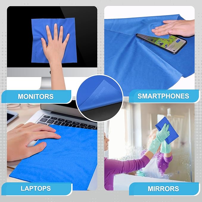 Eco-Fused Large Microfiber Cleaning Cloths - 4 Pack - 18 x 18 inch - Perfect for Wide Screen TVs, Large Computer Monitors- Also for Cleaning Glasses, Camera Lenses, Laptops and LCD Screens- Blue/Black - Image 5