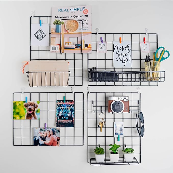 ODOXIA 2 Pack Wire Wall Grid Panel With Accessories | Includes Hanging Basket, Shelf & Hook Rack | Photo Grid Wall Panels | Hanging Home, Office & Kitchen Décor | Metal & Black - Image 5