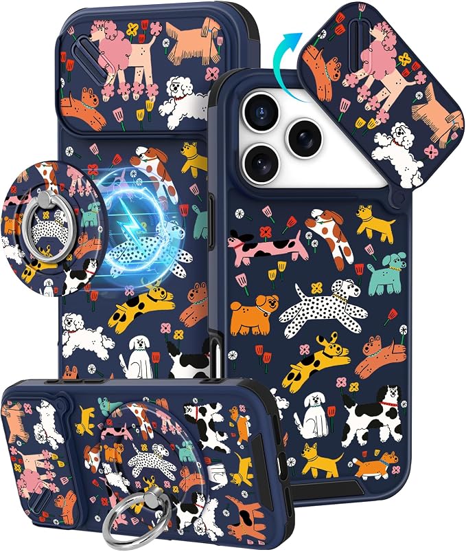 Buleens for iPhone 17 Pro Case 6.3 Inch - with Ring Stand & Camera Cover Aesthetic Cute Designed for Women Girls Girly Cartoon Kawaii Dogs Phone Case for iPhone 17 Pro Compatible with Magsafe by Buleens