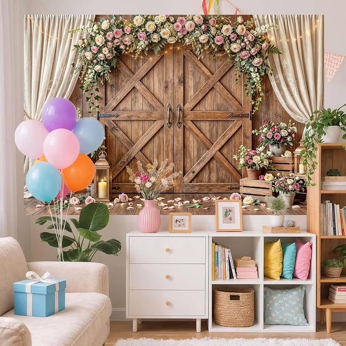 5x4ft Wedding Backdrop Rustic Floral Flower Wooden Wall Backdrop Bridal Baby Shower Ceremony Photography Background Shabby Chic Countryside Western Anniversary Wedding Party Birthday Photo Prop - Image 4