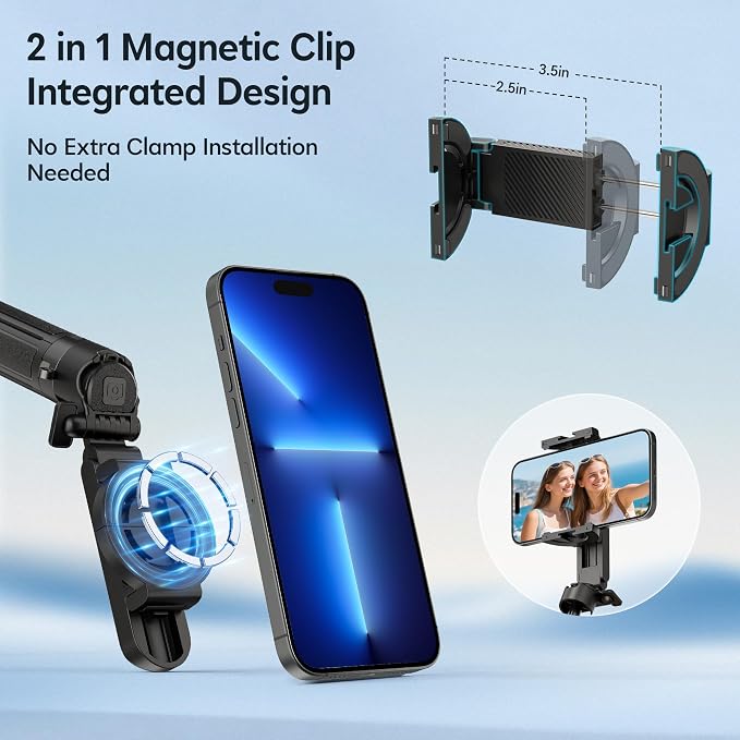 14.5" Mini Magnetic Tripod for iPhone with Light, Selfie Stick with Remote for MagSafe, Portable Pocket Size Selfie Stick, Small/Compact Cell Phone Tripod Stand for Recording, Travel Vlogging-Black - Image 2