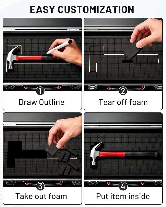 4Pcs Pick and Pluck Foam Sheets for Cases (2Pcs 16x12x2" + 2Pcs 16x12x0.4"), Tool Box foam for Toolbox, Gun Case, Camera Case, Pre-Cut Cubes for Customizable Protective Foam Insert Kit - Image 4