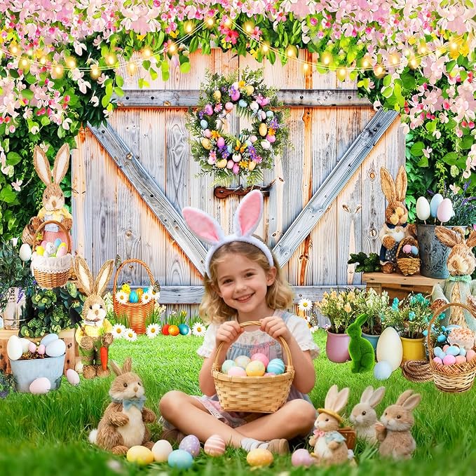 Easter Photo Backdrop for Photography, 7x5ft | Spring Wall Background for Photoshoot, Green Grass, Bunny Eggs, Rustic Barn Door, for Outdoor, Family Party Decorations - Image 2
