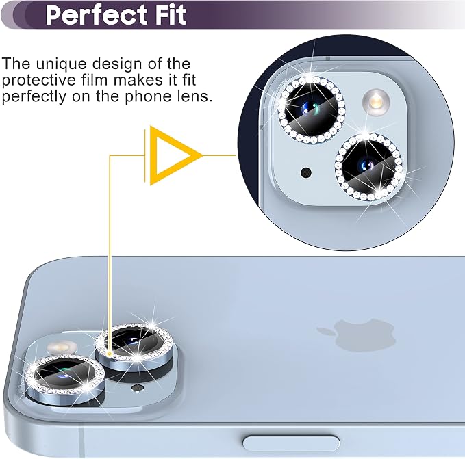 Suoman for iPhone 14 6.1 inch / 14 Plus 6.7 inch Camera Lens Protector, 9H Tempered Glass Film, [Does not Affect Night Shots] Metal Frosted Diamonds Independent Protective Cover- Diamond Blue - Image 3