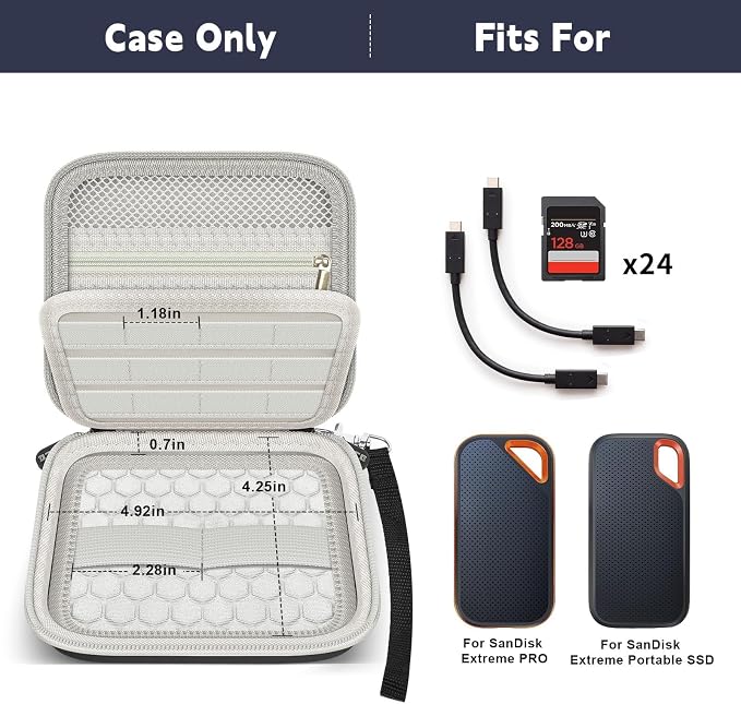 PAIYULE Dual SSD Case for 2 SanDisk Extreme Portable SSDs & Extreme PRO | Elastic Straps Secure Two Drives, Mesh Pocket Organizes Cables, Carabiner Adds Portability, Grey, Case Only - Image 3