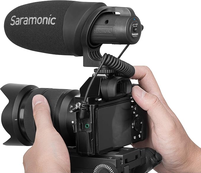 Saramonic CamMic+ | AA-Powered Shotgun Mic for DSLR, Mirrorless, Video Cams, Smartphones & Tablets | Shockmount, TRS Cable, The output cable of the, Video Cams, Windscreen for Protection from Weather and Dust, Mirrorless - Image 2