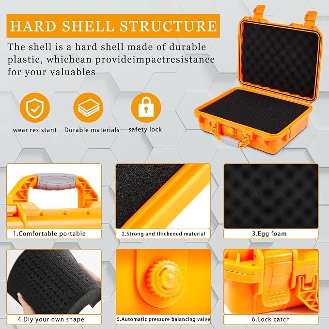 Relaxweex 1 Pcs Waterproof Hard Case with DIY Customizable Foam Insert Portable Protective Case with Knife for Camera Drones Equipments Tools Test Instruments(Orange,11.3 x 8.7 x 4.2 Inch) - Image 3