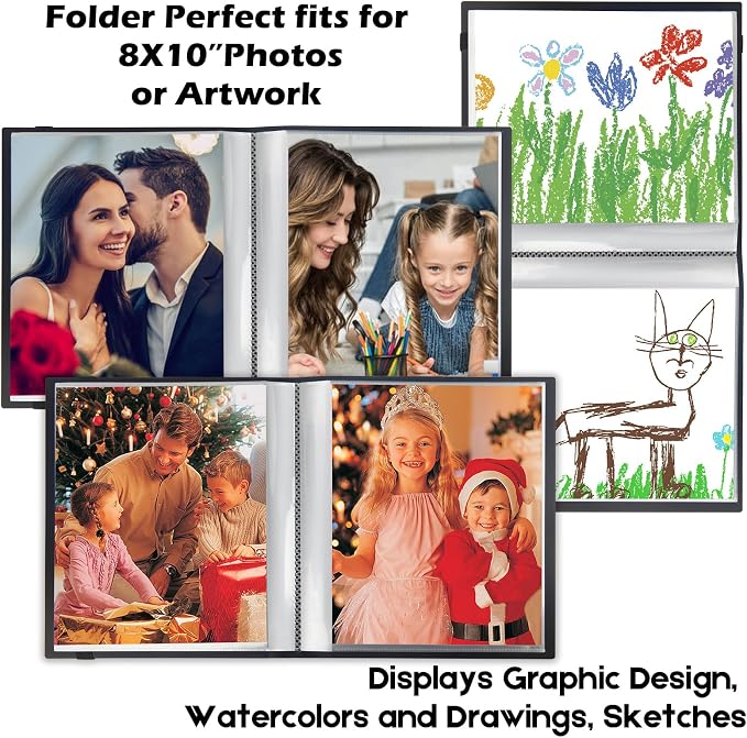 Aevdor 8x10 Photo Album and Art Portfolio, Holds 68 Photos, Black | Lightweight Plastic Cover, Elastic Closure, Clear Pockets for Photos, Artwork, Portraits, Certificates & Sketches - Image 6