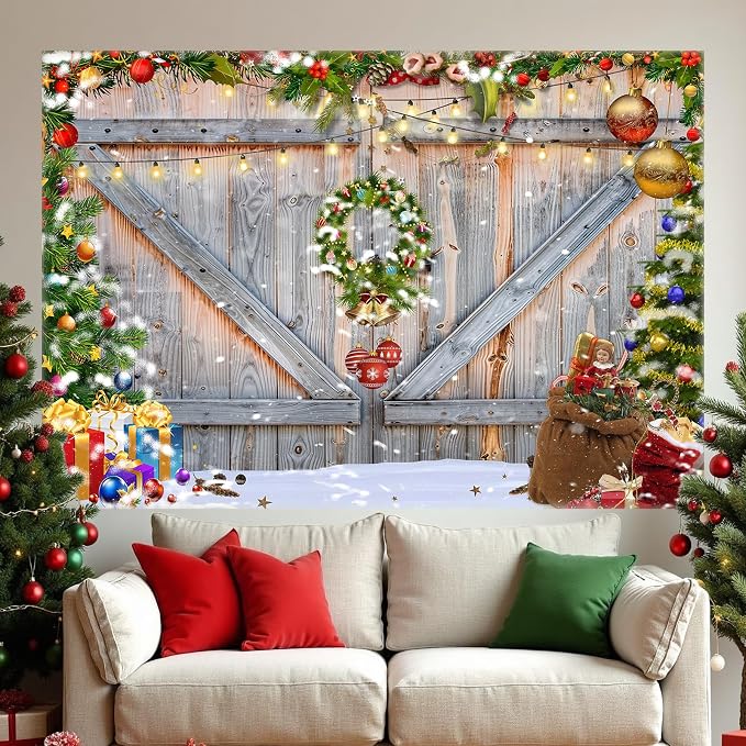 Christmas Photo Backdrop for Photography, 8x6ft | Vinyl Merry Xmas Wall Background for Photoshoot, Red Gift Snow Tree, Rustic Barn Wood Door, for Outdoor, Party Decorations - Image 6