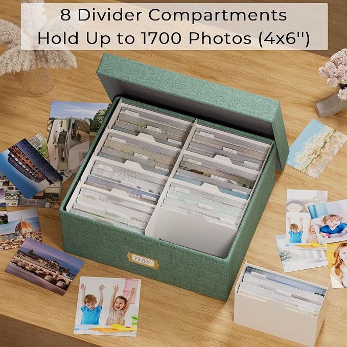 Decorative Photo Storage Box, Linen Photo Box Holds 1700 4x6 Pictures Green | Photo Storage Containers with 8 Dividers, Memory Keepsake Organizer for Photos, Scrapbook Supplies, Cards, Stamps,Archive Box - Image 2