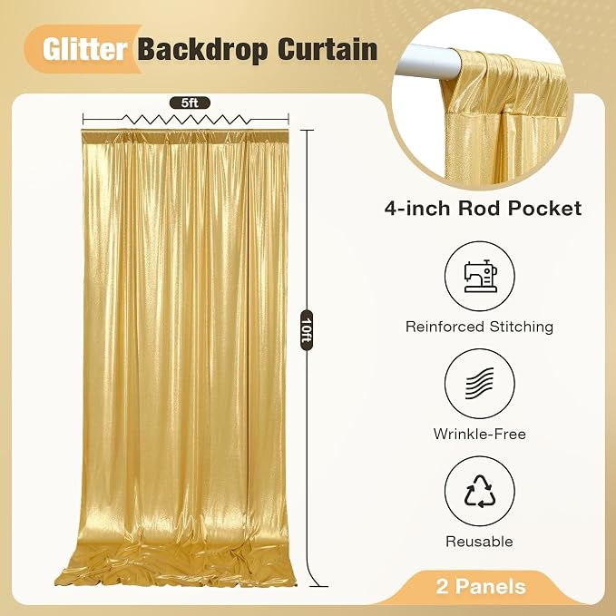 10x10FT Gold Sequin Backdrop Curtain for Party - 2 Panels 5x10FT Wrinkle-Free Shimmer Drapes for Birthday, Wedding, Christmas, Decorations & Photography - Image 6