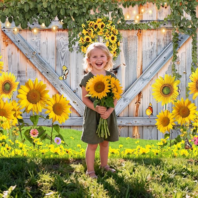 Sunflower Photo Backdrop for Photography, 8x6ft | Vinyl Wall Background for Photoshoot, Yellow Flower, Rustic Barn Wood Door, for Birthday Decorations, Outdoor Party - Image 4