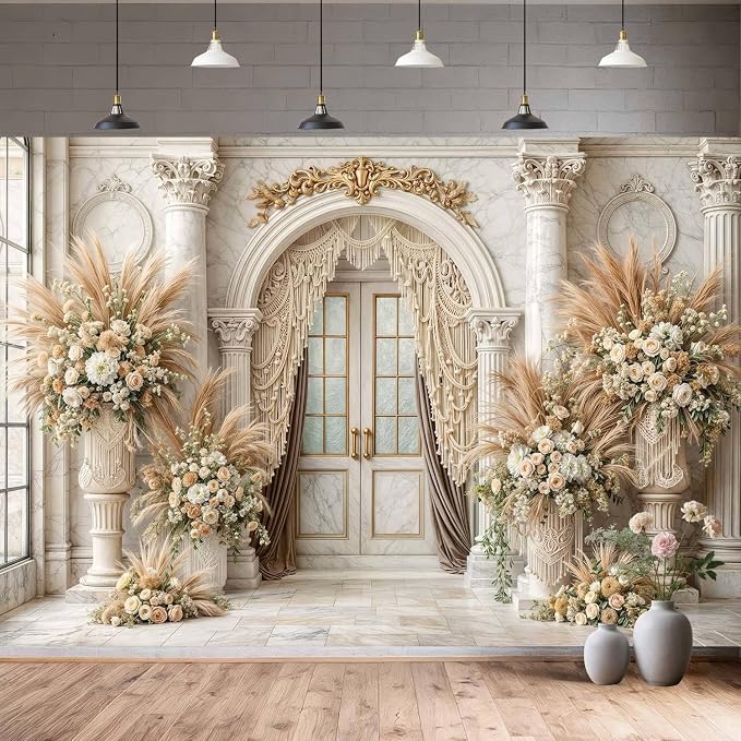 9X6ft European Retro Palace Backdrop Elegant Boho Flowers Photography Background Luxurious Dreamlike Wedding Bridal Shower Party Decoration Supplies Cake Table Photo Booth Studio Props - Image 3