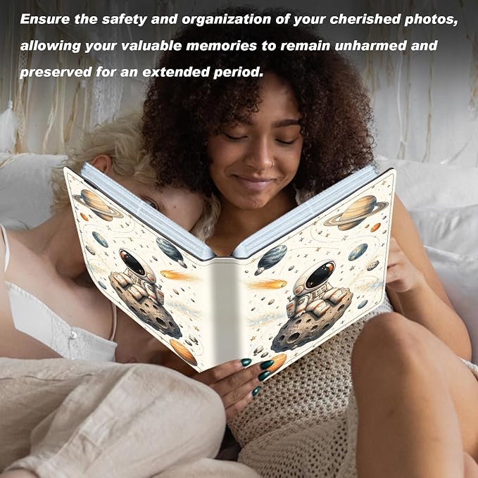 Small Photo Album 5x7, 60 Pockets Holds 120 Photos, Slip-in Pocket Photo Storage Book with Black Elastic Band for Family Wedding Baby Travel Pictures, Cute Astronaut Asteroid Space - Image 7