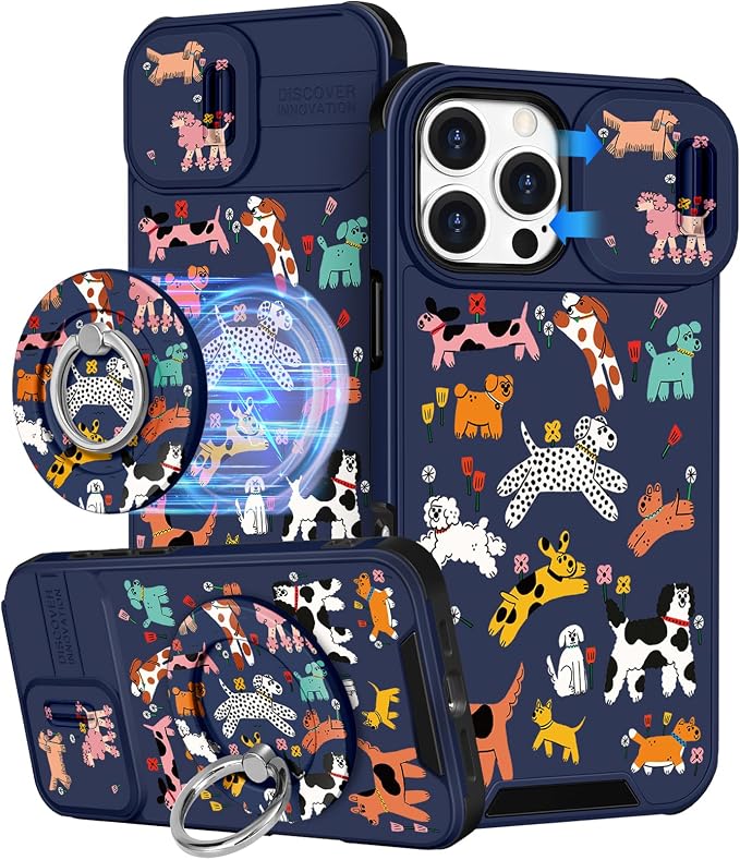 Buleens for iPhone 16 Pro Case 6.3 Inch - with Ring Stand & Camera Cover Aesthetic Cute Designed for Women Girls Girly Cartoon Kawaii Dogs Phone Case for iPhone 16 Pro Compatible with Magsafe by Buleens