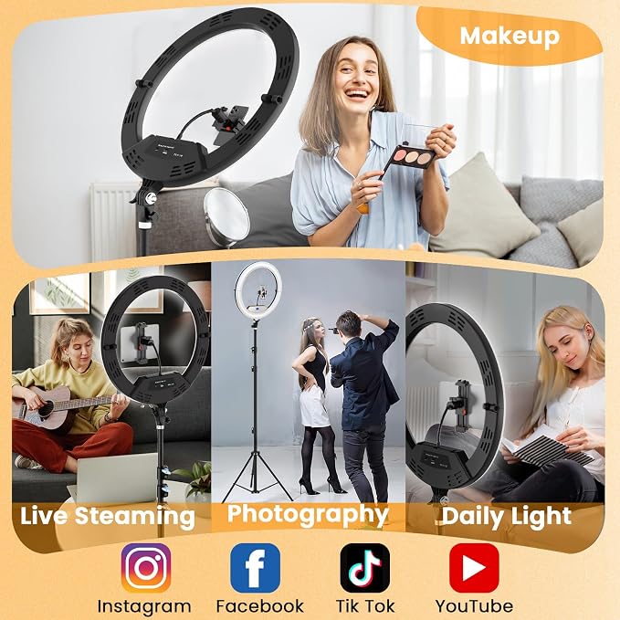 18" Ring Light with Stand: Lockable Wheels, LED Display & Foldable, | 75" Tripod Stand,3 Color modes 6500K / 2 USB Ports Large Ringlight , Video Recording Live Tattoo Makeup Barber Photography - Image 7