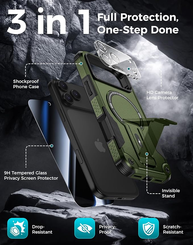 Goton 3 in 1 for iPhone 17 Pro Max Case with Privacy Screen Protector Green | Glass Camera Lens Protector,Compatible for MagSafe,Invisible Kickstand, Shockproof Phone Cover for iPhone 17 Promax - Image 3