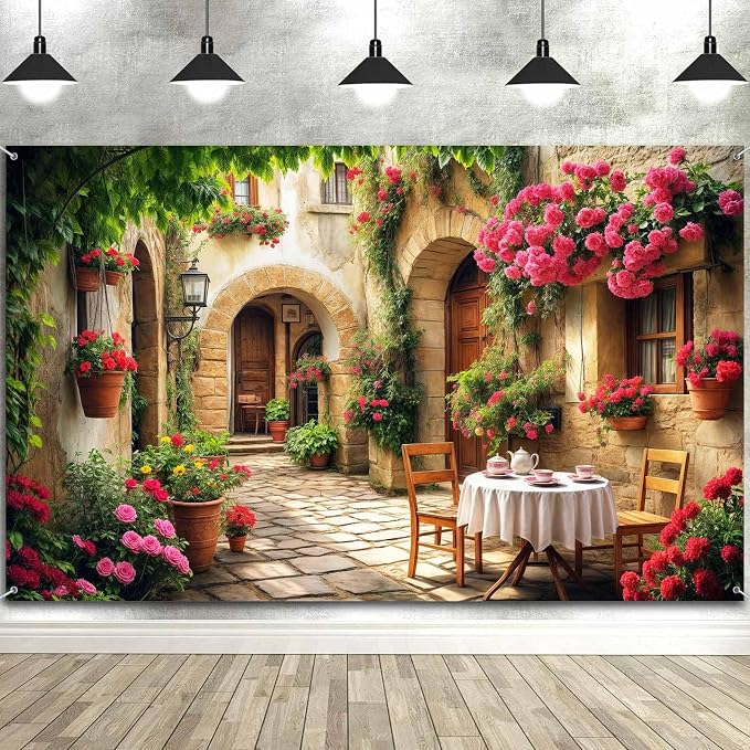 5X3ft Italian Theme Backdrop Italy Town Street Backdrop for Photography, Europe Village Town Landscape Photography Background Garden Tea Party Barnner Photo Studio Props, Color-3 - Image 5