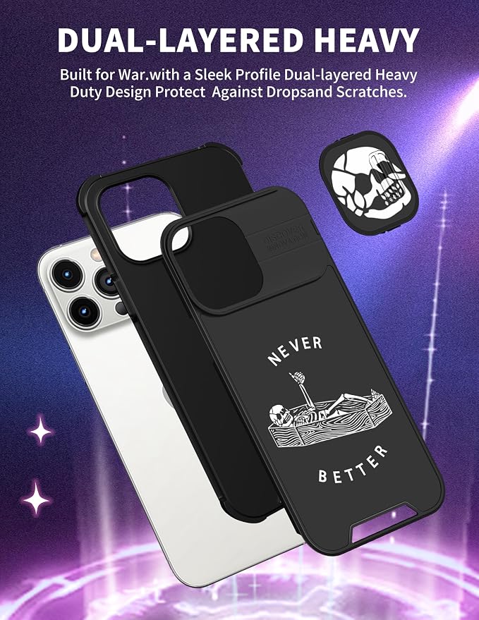 (2in1 for iPhone 15 Pro Case Skull Skeleton Women Boys Goth Phone Cover Cute Fun Gothic Black Spooky Cool Design with Slide Camera Cover Protective Stand Holder for iPhone 15 Pro Cases 6.1'' - Image 5