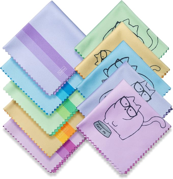 10 Pack Cute Kitty Cat Design Multicolor Microfiber Cleaning Cloths for Cleaning Eyeglasses Lenses Sunglasses and Cell Phone Beautifully Designer Colors Blue Pink Yellow Purple Green Cloth Wipes by ShowyourglassessomeLove
