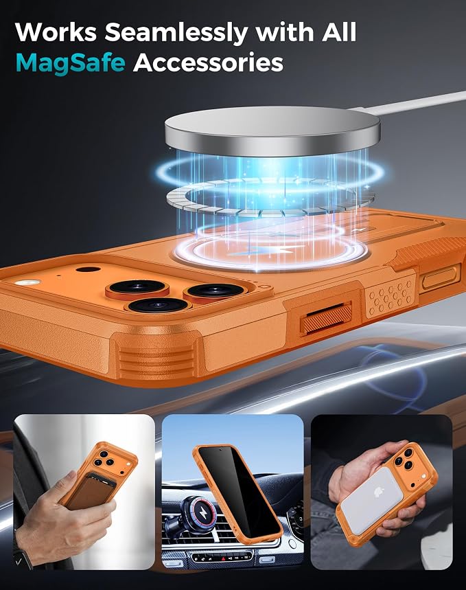 Goton 3 in 1 for iPhone 17 Pro Case with Privacy Screen Protector Orange | Glass Camera Lens Protector,Compatible for MagSafe,Invisible Kickstand, Shockproof Phone Cover for iPhone 17Pro - Image 6
