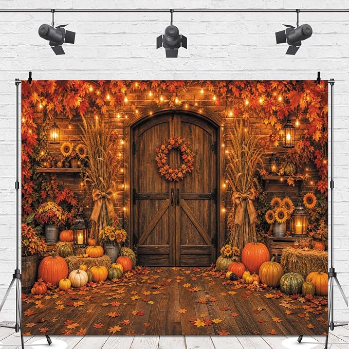 Rustic Barn Wooden Door Fall Backdrop 8x8ft Brick Wall Maple Leaf String Light Thanksgiving Background Pumpkin Sunflower Haystack Harvest Autumn Famliy Party Decorations Vinyl - Image 4