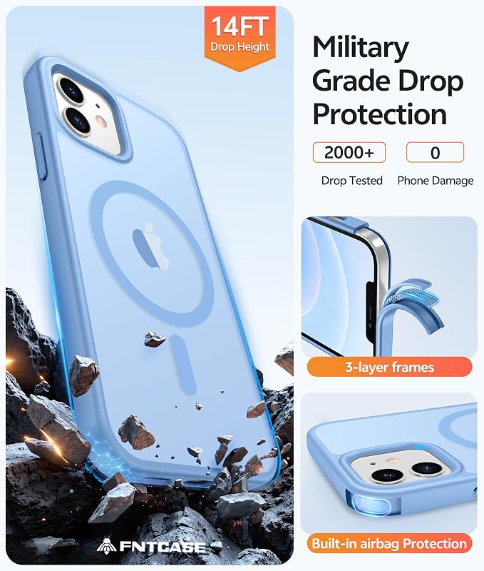 FNTCASE for iPhone 13/12 Mini Case, Fit for Magsafe, Translucent Matte Back | Magnetic Phone Cases, 14FT Military Grade Drop Protection, Slim Shockproof Protective Cover, Light Blue - Image 5