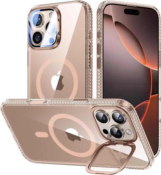 VOFATA [Upgraded] for iPhone 16 Pro Max Case with Camera Cover Stand [Fit for MagSafe][9H Camera Lens Protector] Mil-Grade Protection Transparent Magnetic iPhone 16 Pro Max Phone Case, Clear Gold by VOFATA
