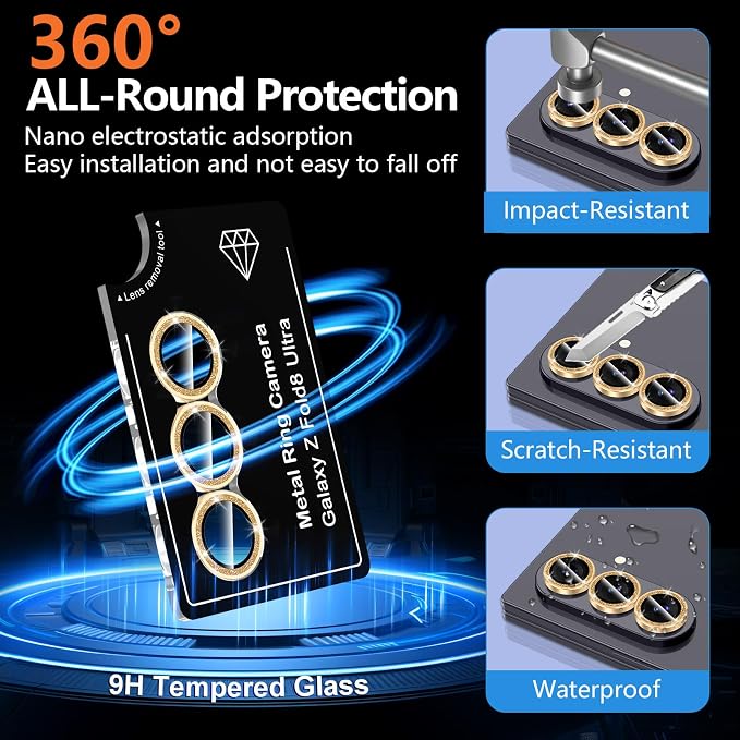 for Samsung Galaxy Z Fold 8 Ultra Camera Lens Protector, Individual Metal Ring Tempered Glass Lens Cover, [Strong Adsorption] Scratch Resistant Ultra-Thin HD Clear Lens Cover, 1 Set-Gold Sparkly - Image 2