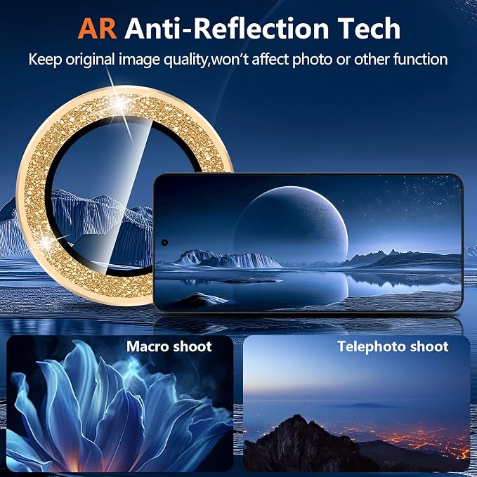 for Samsung Galaxy Z Flip 8 Camera Lens Protector, Individual Metal Ring Tempered Glass Lens Cover, [Strong Adsorption] Scratch Resistant Ultra-Thin HD Clear Lens Cover, 1 Set-Gold Sparkly - Image 3