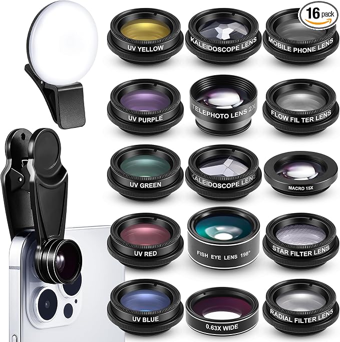 Copkim 16 Pcs Phone Camera Lens Kit 16 in 1 with Selfie Light Universal Clip on Cell Phone 198 Degree Fisheye Wide Angle Macro Kaleidoscope CPL Lens Attachments Compatible with Most Phones by Copkim