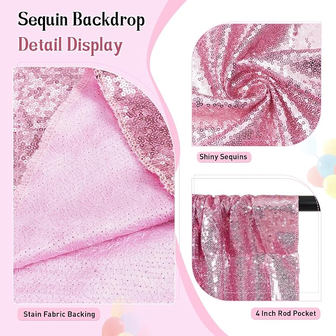 SquarePie 8x10ft Fuchsia Pink Sequin Backdrop, High Density Non-Transparent Glitter Curtain for Photography, Birthday, Wedding Party Decorations, Thick Solid Background with 4" Rod Pocket, 1 Panel - Image 2